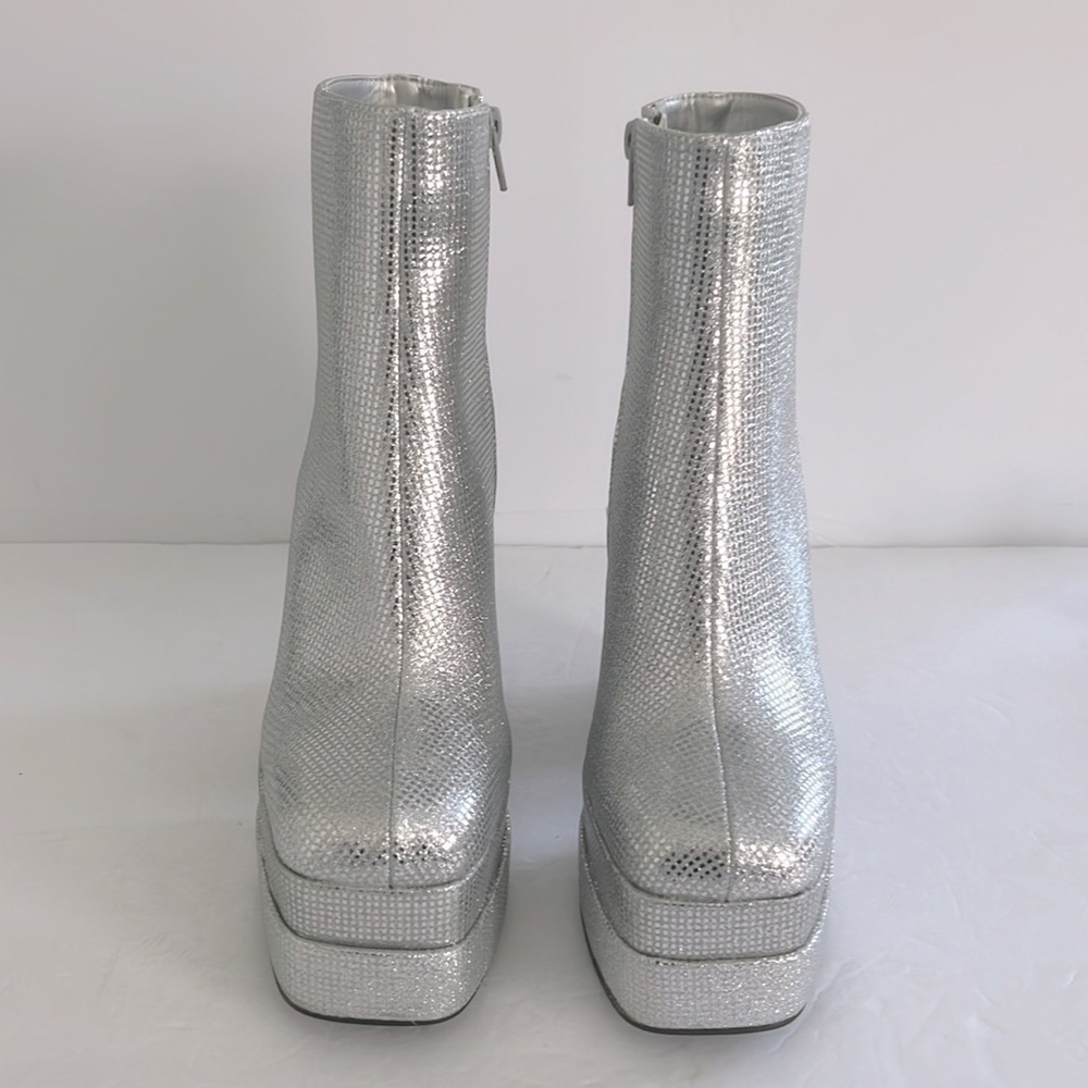 SHOE DAZZLE Silver Platform Ankle Chunky Heel Boots Rhinestone Shoes Size 6.5 - Picture 8 of 12